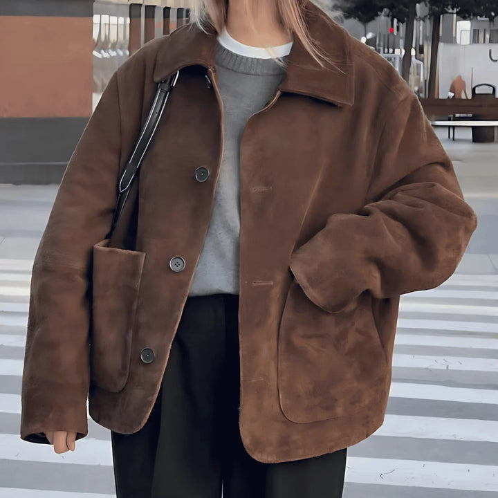 Abbie | Women's Oversized Patch Pocket Plush Brown Jacket
