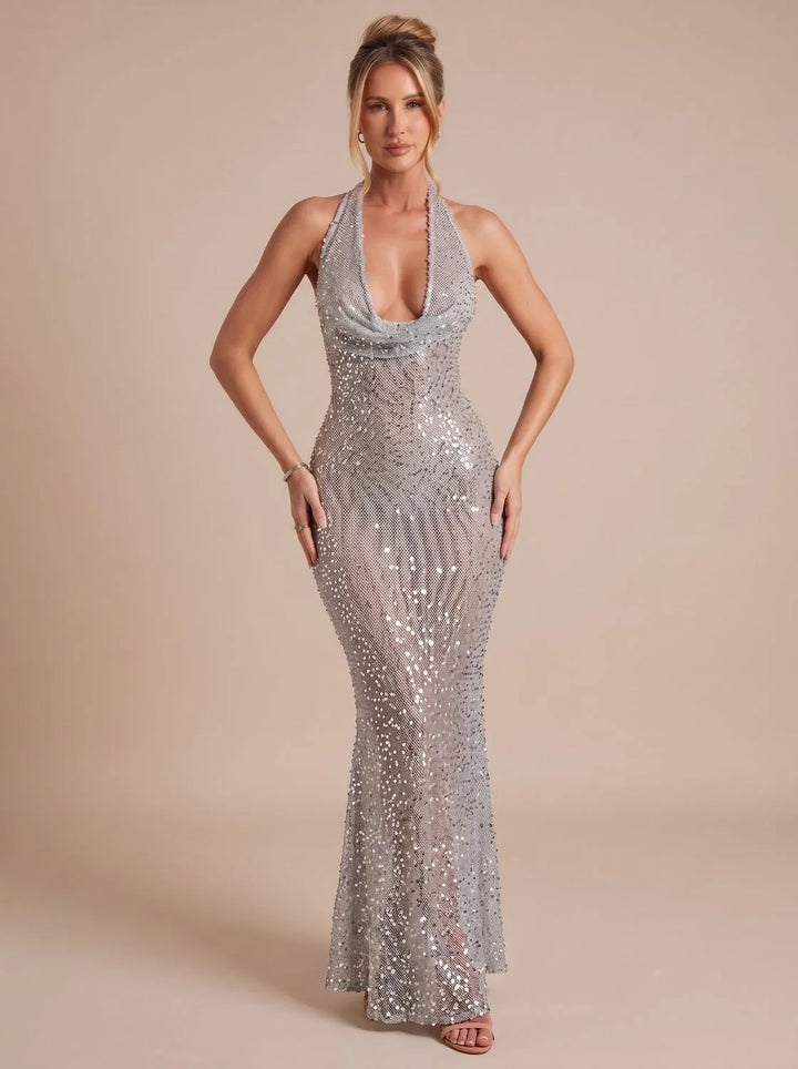 Ava | Women's Silver Sequin Halter Neck Maxi Christmas Dress