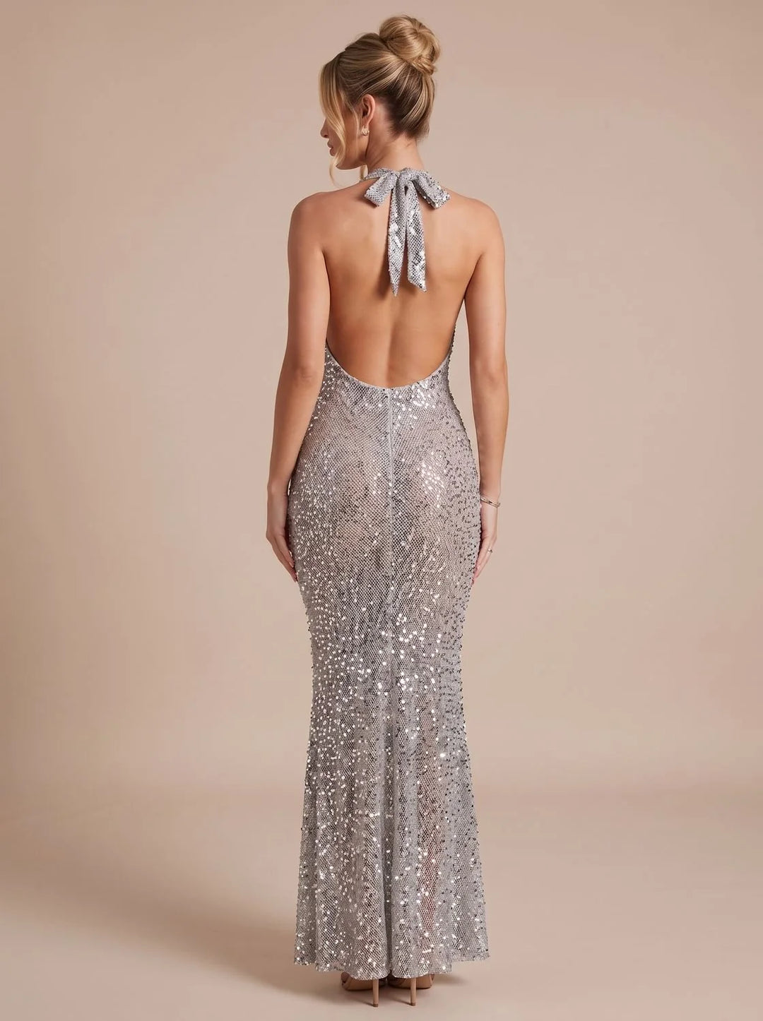 Ava | Women's Silver Sequin Halter Neck Maxi Christmas Dress