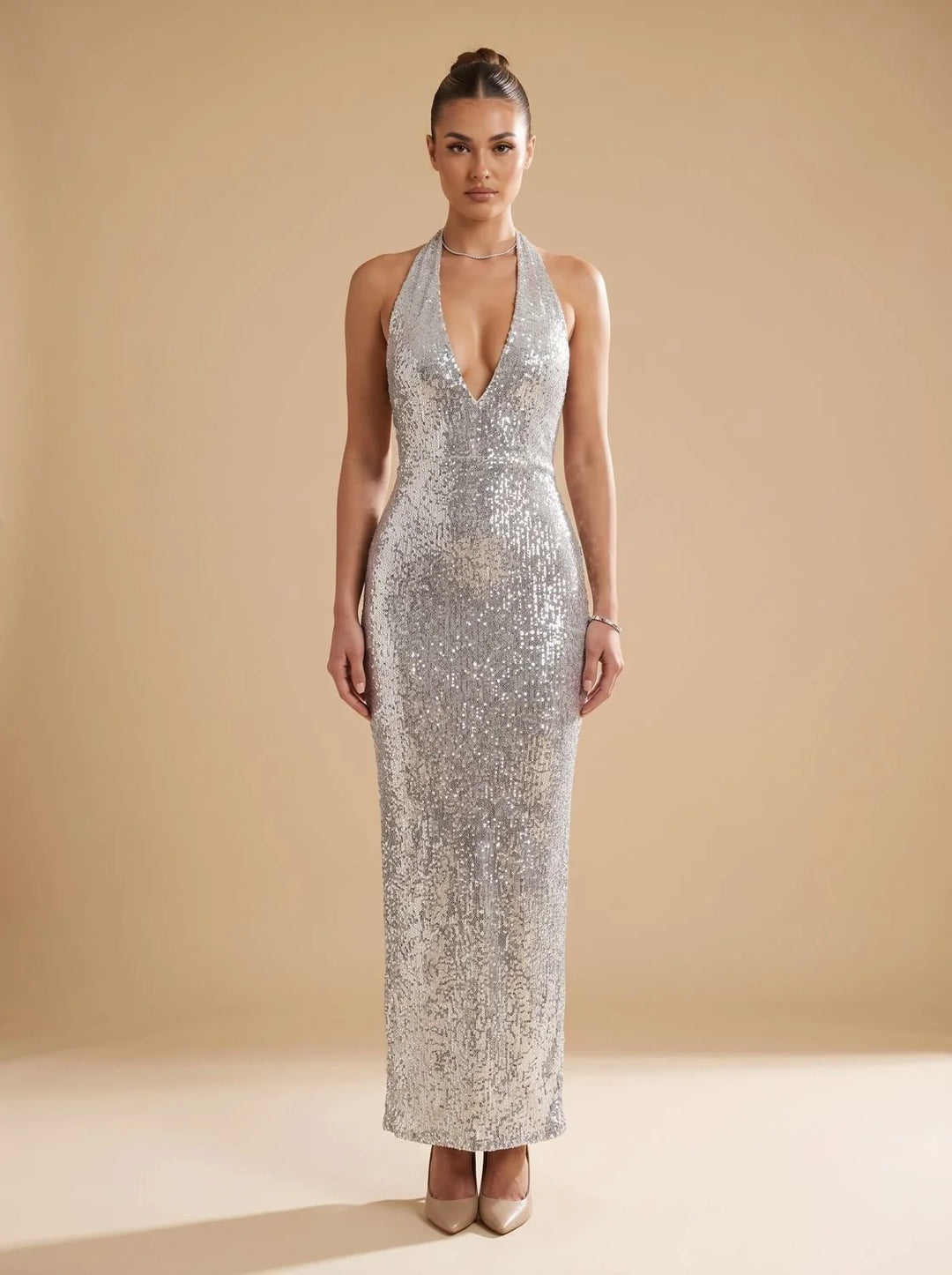Ava | Women's Silver Sequin Halter Neck Maxi Christmas Dress
