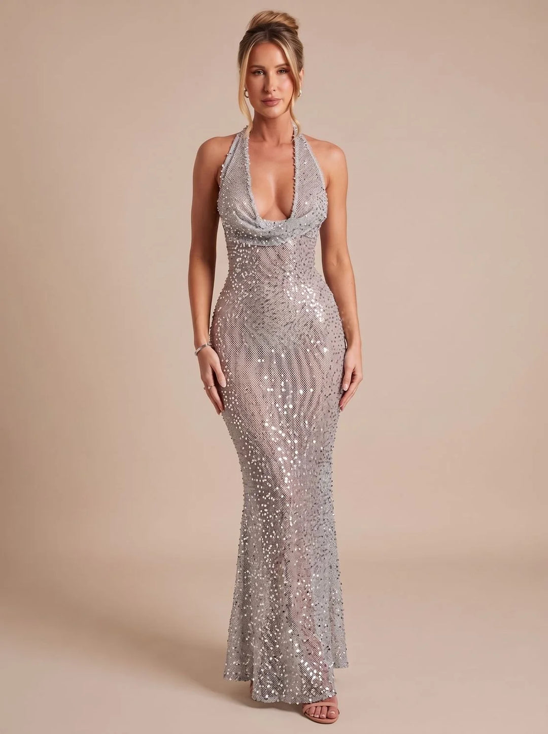 Ava | Women's Silver Sequin Halter Neck Maxi Christmas Dress