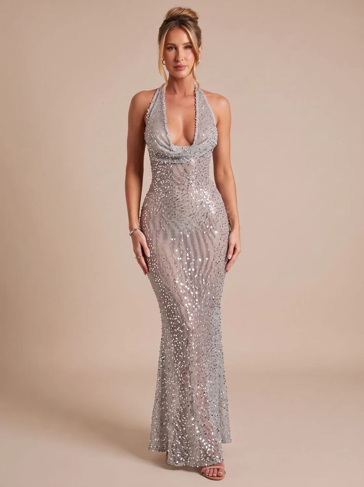 Ava | Women's Silver Sequin Halter Neck Maxi Christmas Dress
