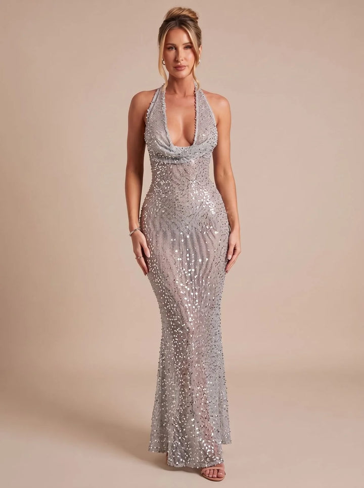 Ava | Women's Silver Sequin Halter Neck Maxi Christmas Dress