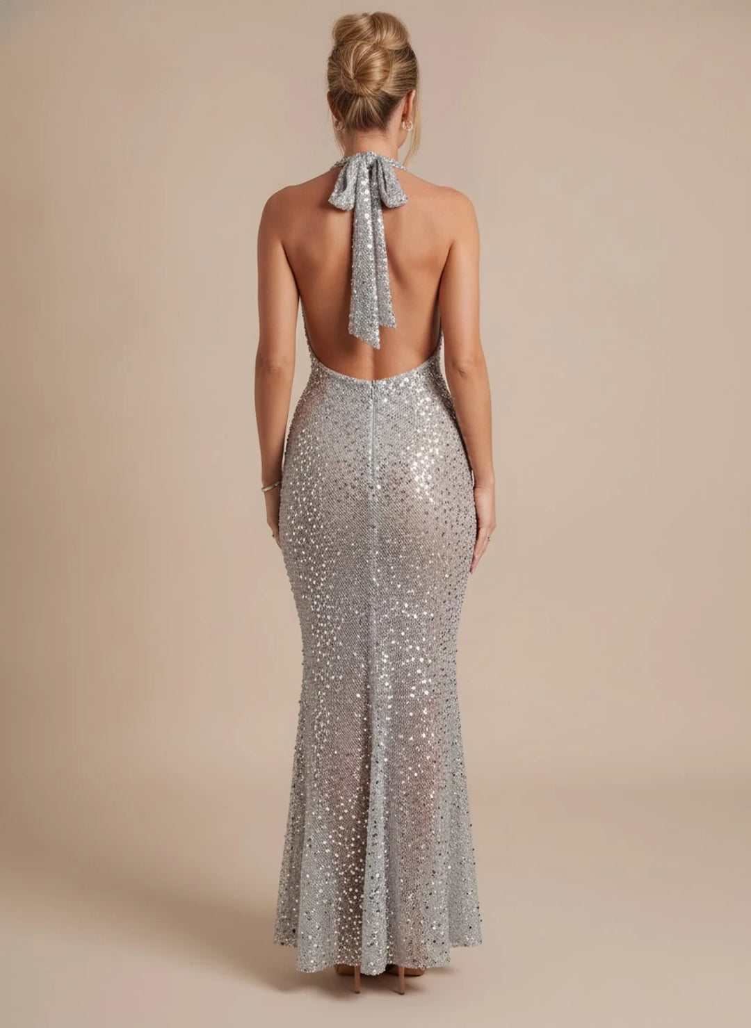 Ava | Women's Silver Sequin Halter Neck Maxi Christmas Dress