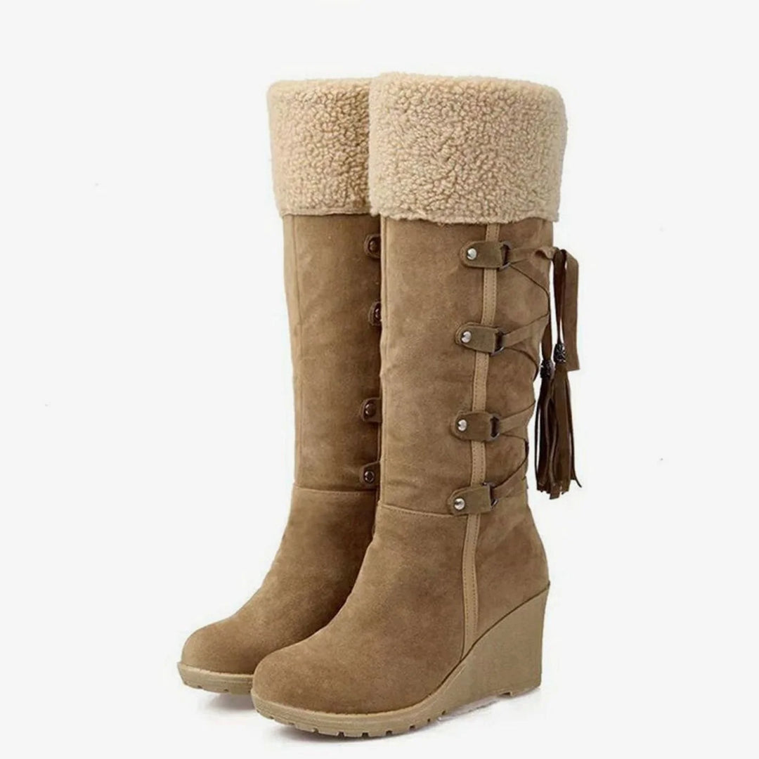 Bea | Women's Wedge Heel Cuffed Lace Tie Knee High Boots