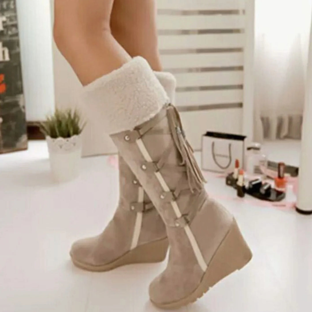 Bea | Women's Wedge Heel Cuffed Lace Tie Knee High Boots