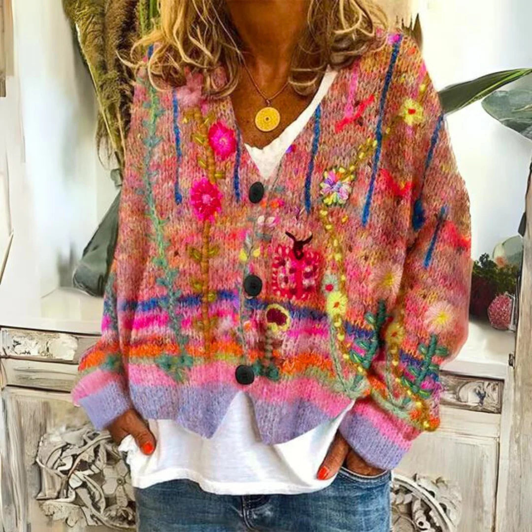 Becky | Women's Floral Embroidered V-Neck Cardigan