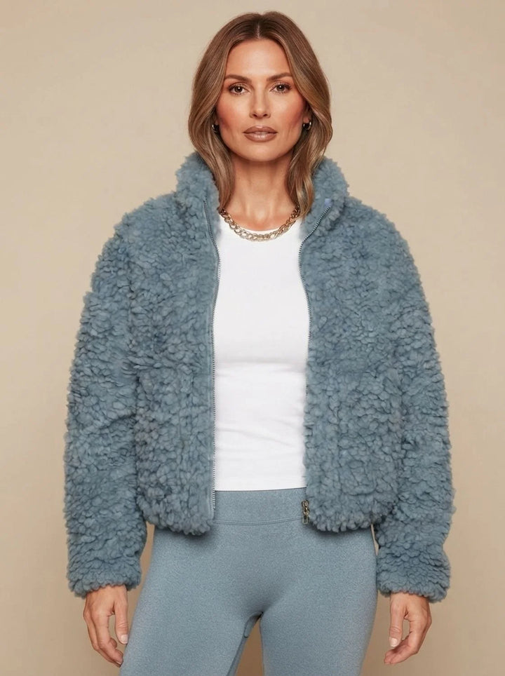 Beth | Women's Fluffy Stand Collar Zip Up Cropped Jacket