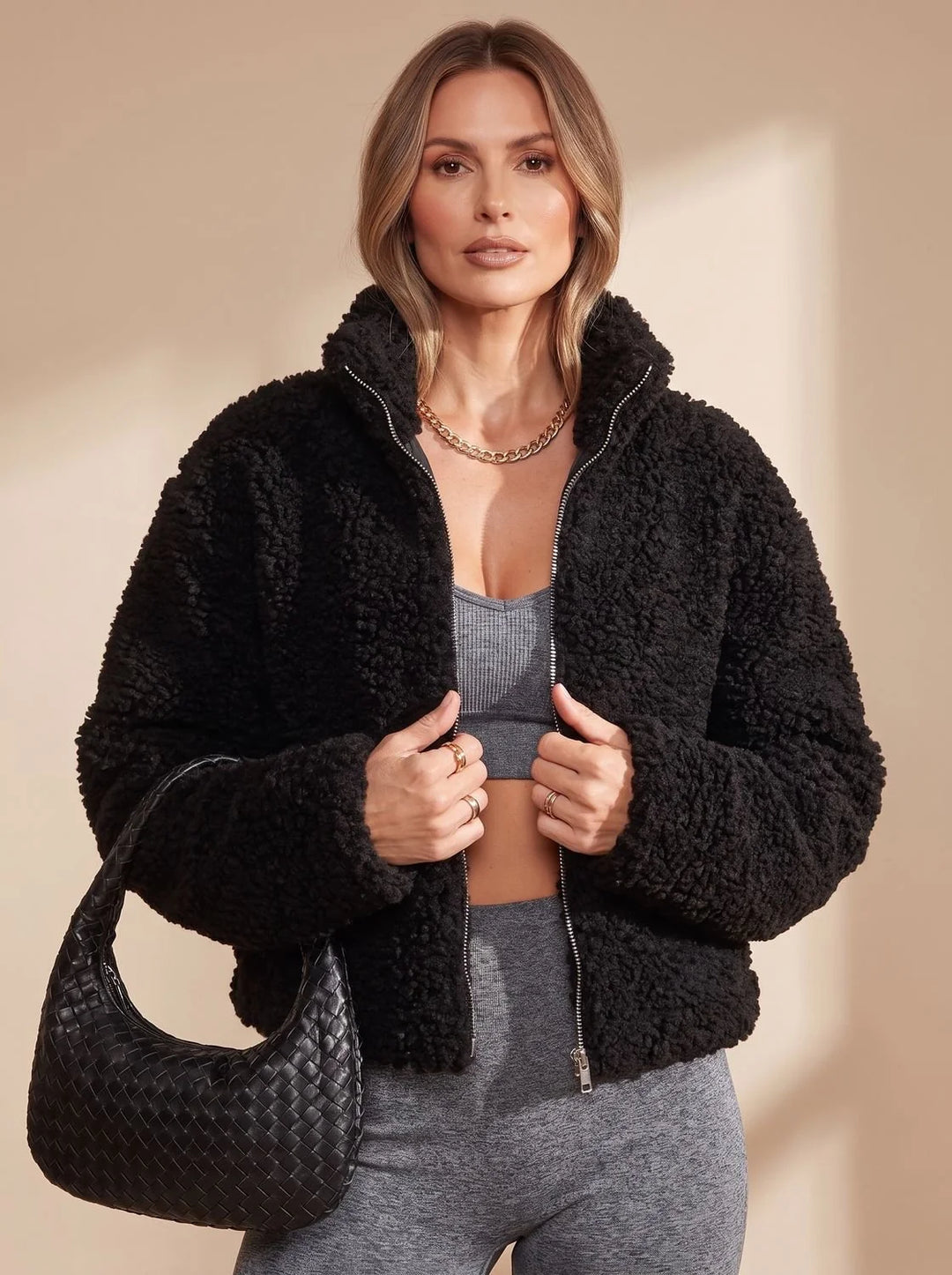 Beth | Women's Fluffy Stand Collar Zip Up Cropped Jacket