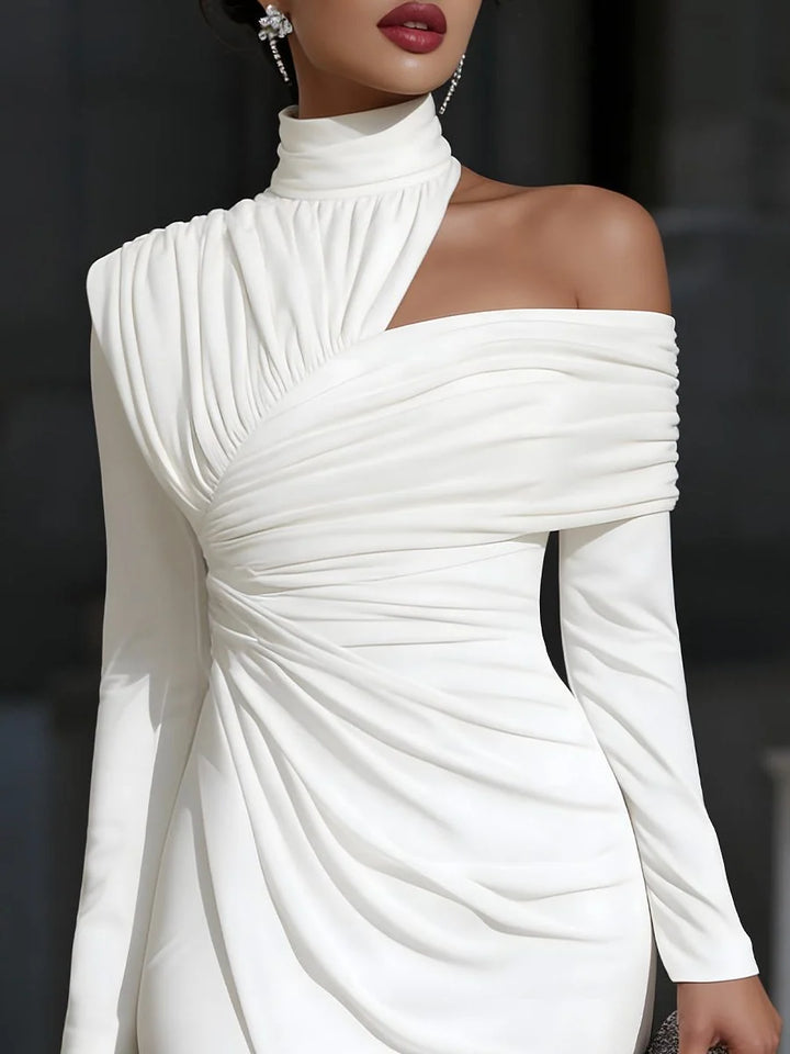 Chloe | Women's High Neck Cut Out Shoulder Ruched Midi Dress