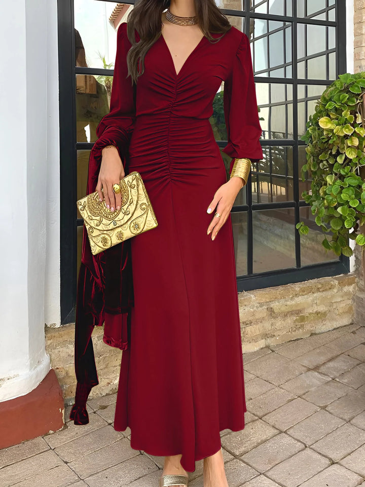Claire | Women's Elegant Ruched V-Neck Maxi Dress