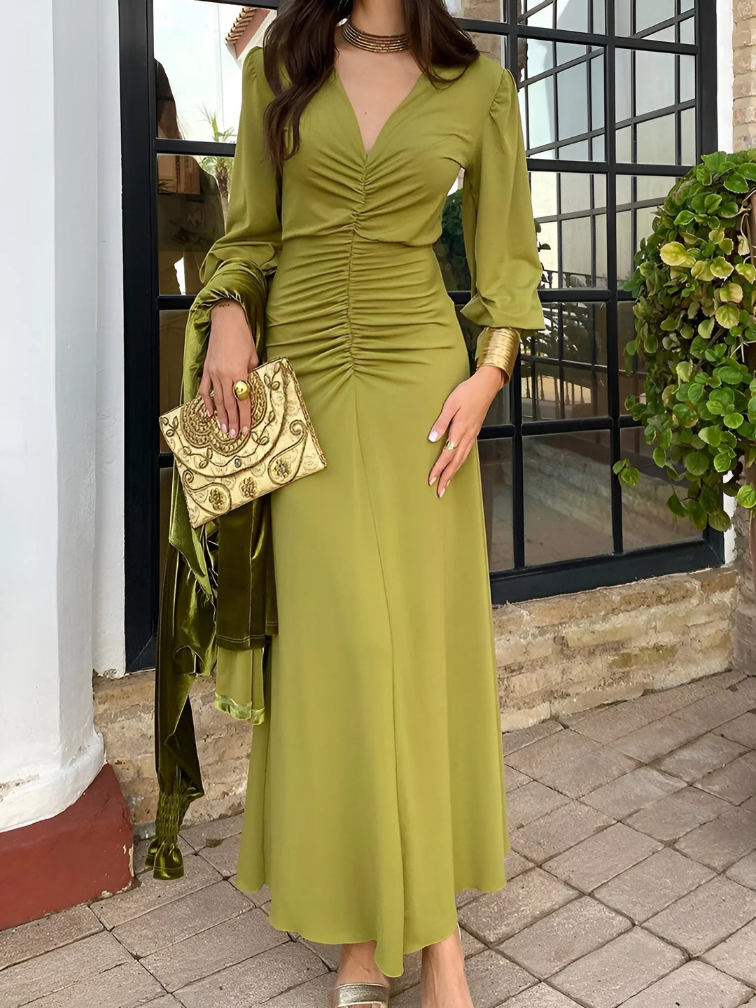 Claire | Women's Elegant Ruched V-Neck Maxi Dress