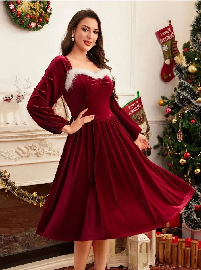 Clara | Women's Faux Fur Trim Sweetheart Red Christmas Dress