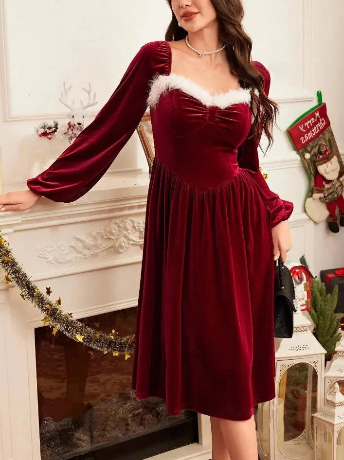 Clara | Women's Faux Fur Trim Sweetheart Red Christmas Dress