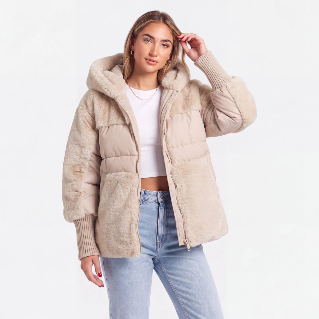 Coral | Women's Faux Fur Panel Hooded Puffer Jacket