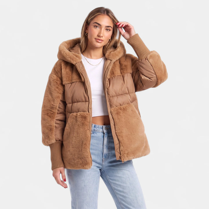 Coral | Women's Faux Fur Panel Hooded Puffer Jacket