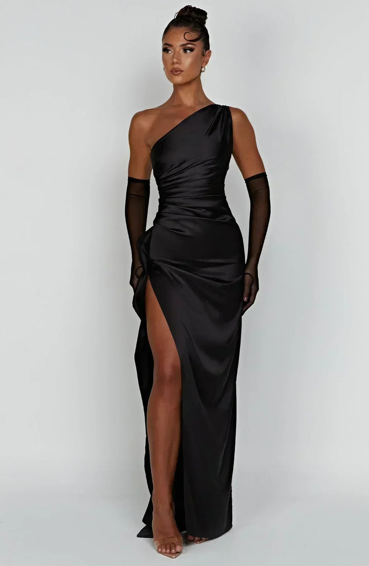 Corinna | Women's Satin High Slit One Shoulder Dress