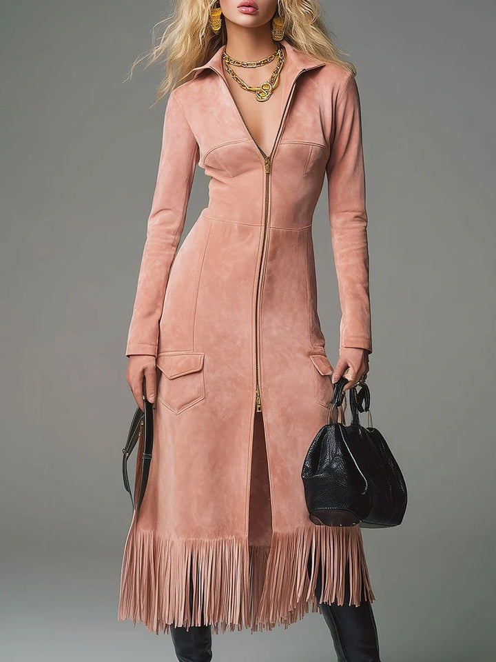 Courtney | Women's Zip-Up Midi Dress with Fringe Hem