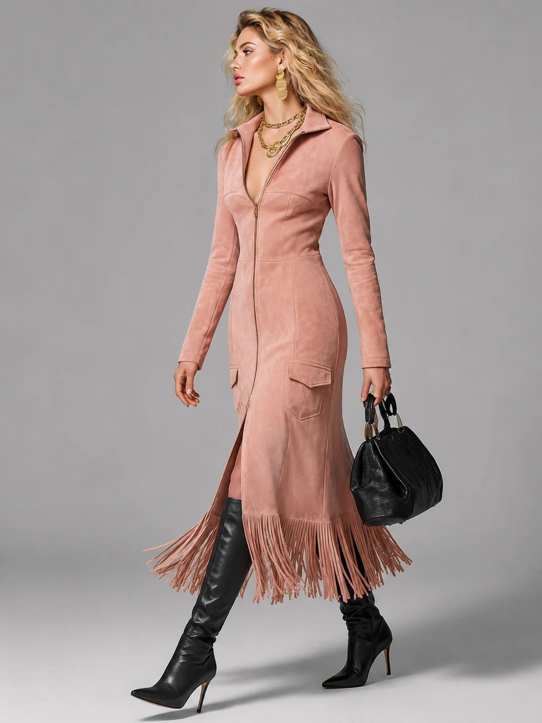 Courtney | Women's Zip-Up Midi Dress with Fringe Hem