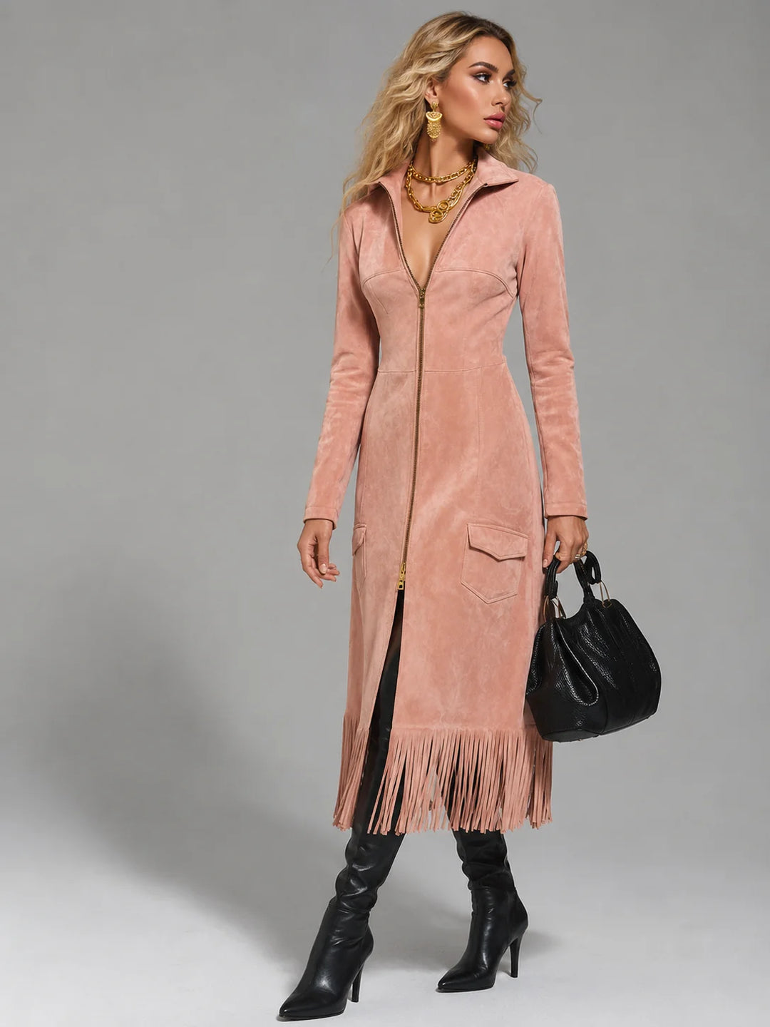 Courtney | Women's Zip-Up Midi Dress with Fringe Hem