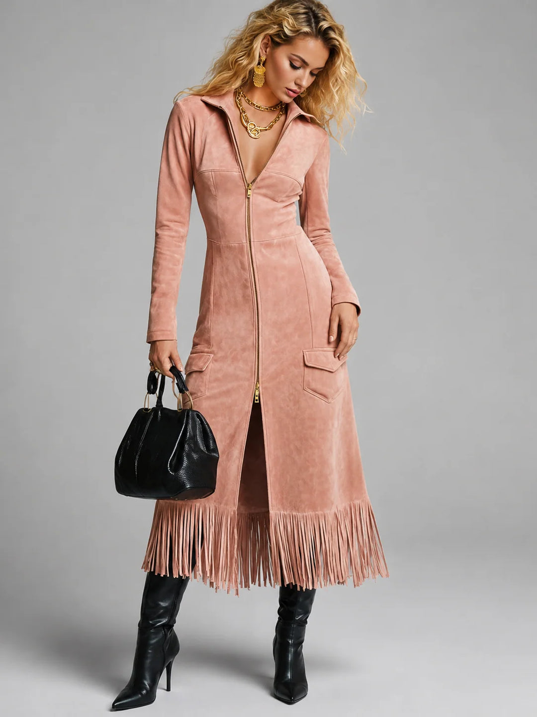 Courtney | Women's Zip-Up Midi Dress with Fringe Hem