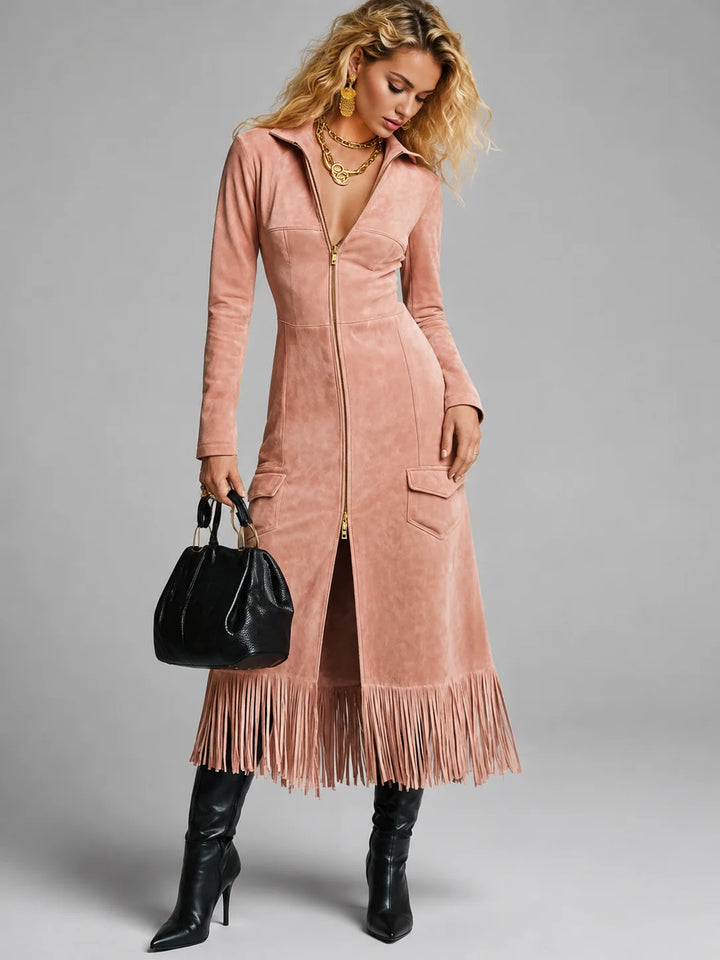 Courtney | Women's Zip-Up Midi Dress with Fringe Hem