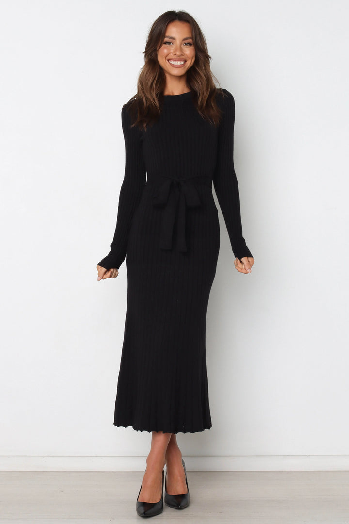 Diana | Women's Black Tie Belt Flared Ribbed Knit Midi Dress