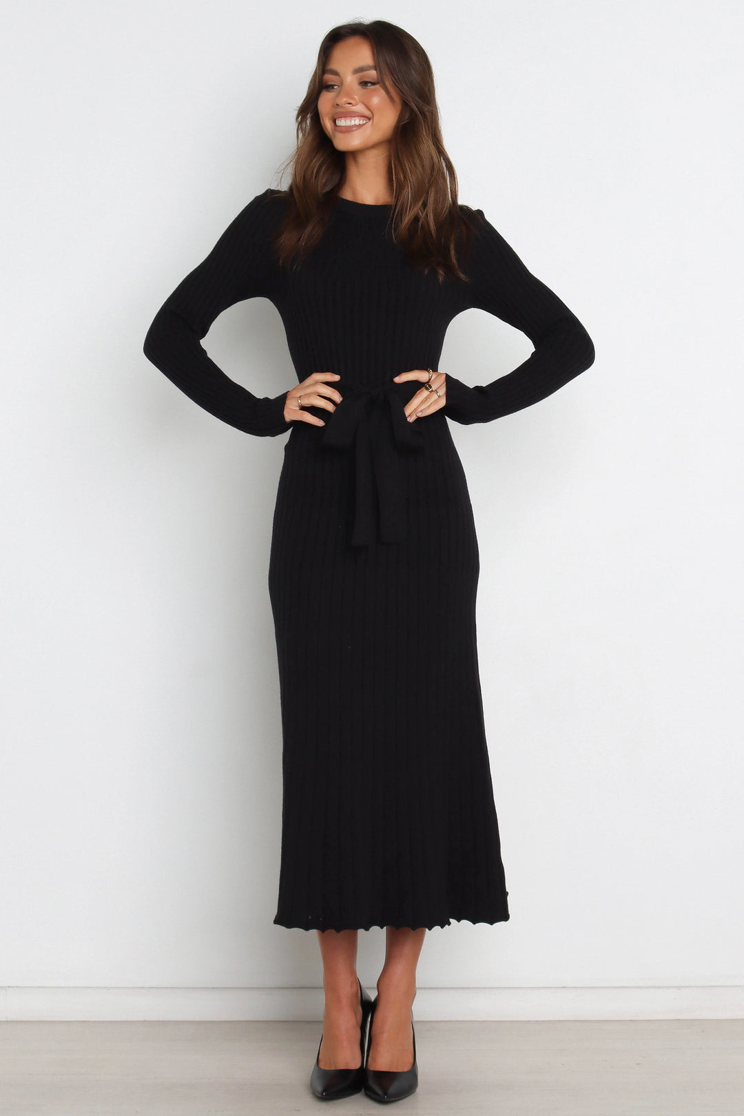 Diana | Women's Black Tie Belt Flared Ribbed Knit Midi Dress