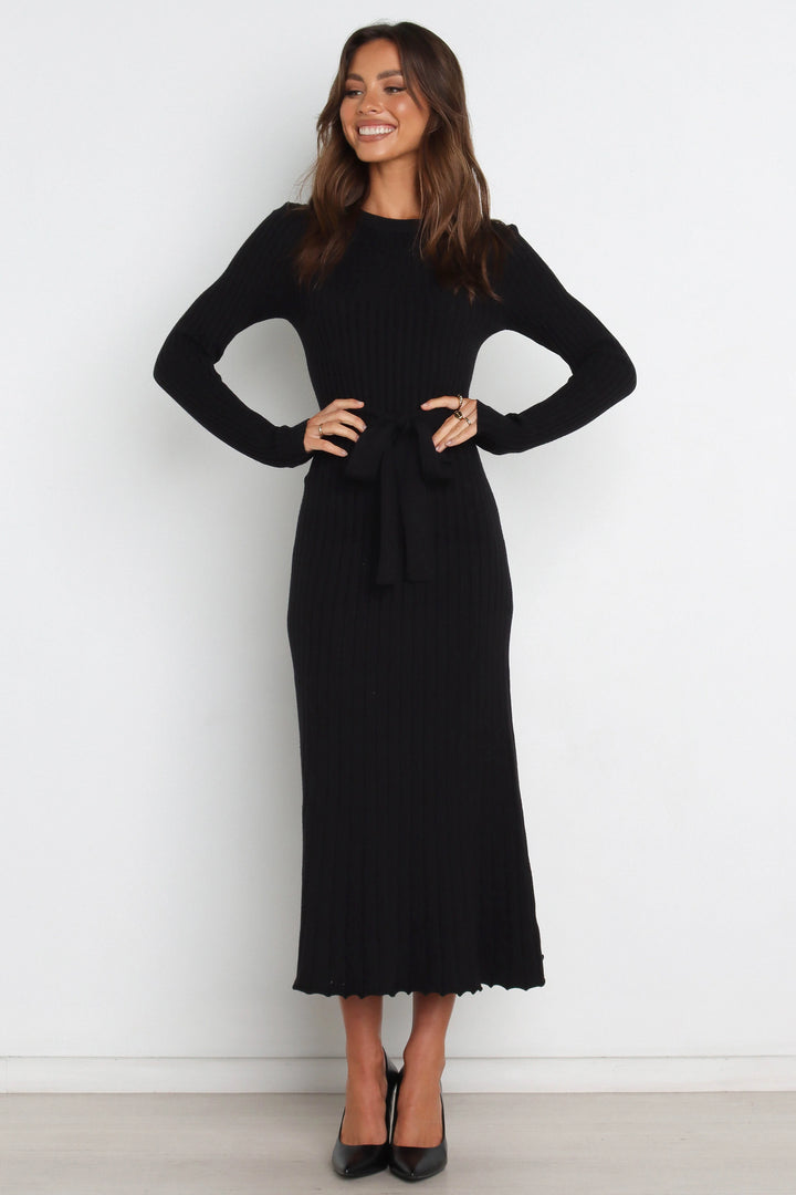 Diana | Women's Black Tie Belt Flared Ribbed Knit Midi Dress