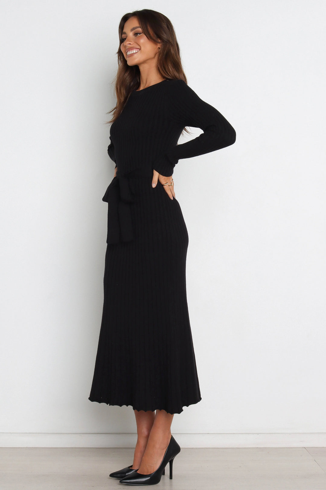 Diana | Women's Black Tie Belt Flared Ribbed Knit Midi Dress