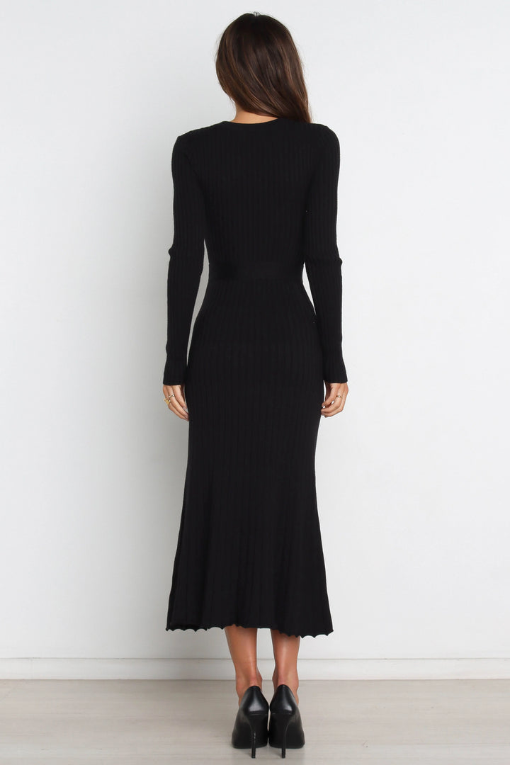 Diana | Women's Black Tie Belt Flared Ribbed Knit Midi Dress