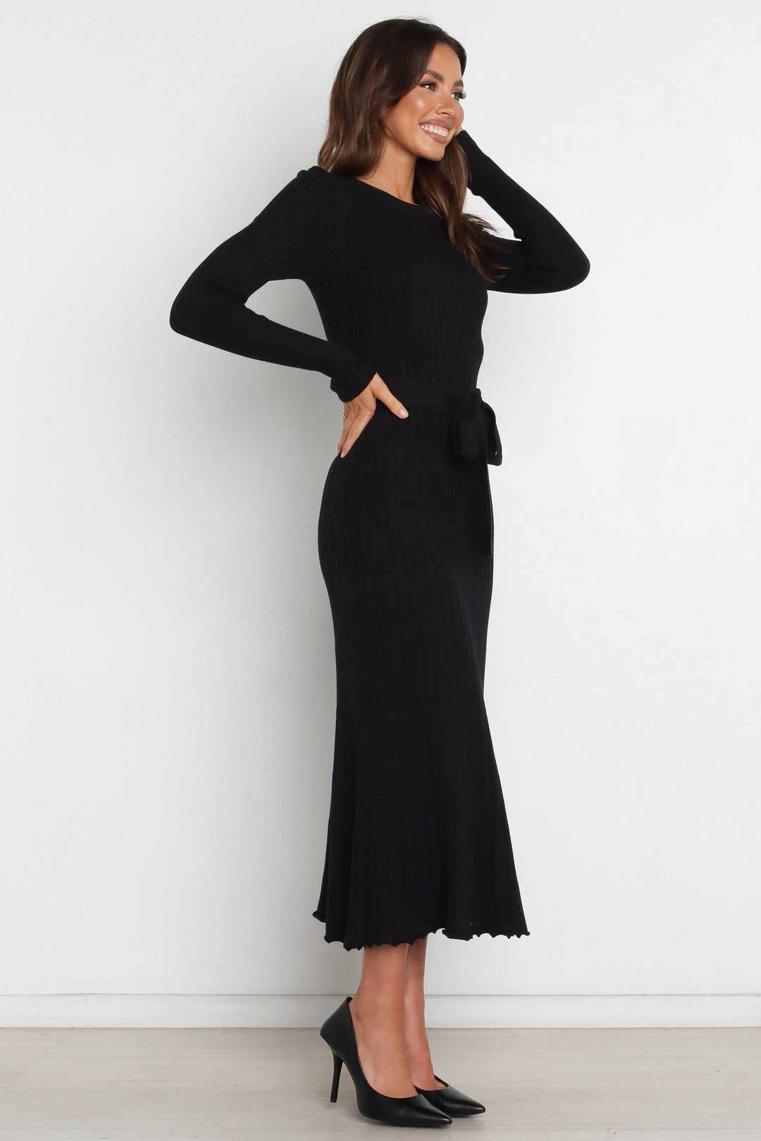Diana | Women's Black Tie Belt Flared Ribbed Knit Midi Dress