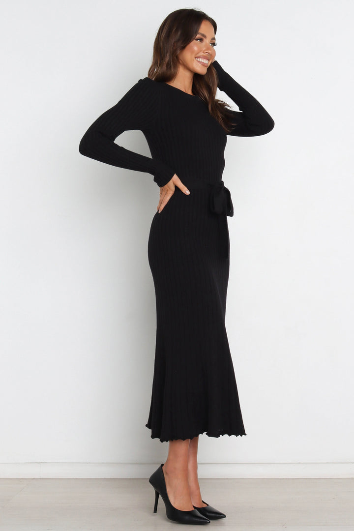 Diana | Women's Black Tie Belt Flared Ribbed Knit Midi Dress