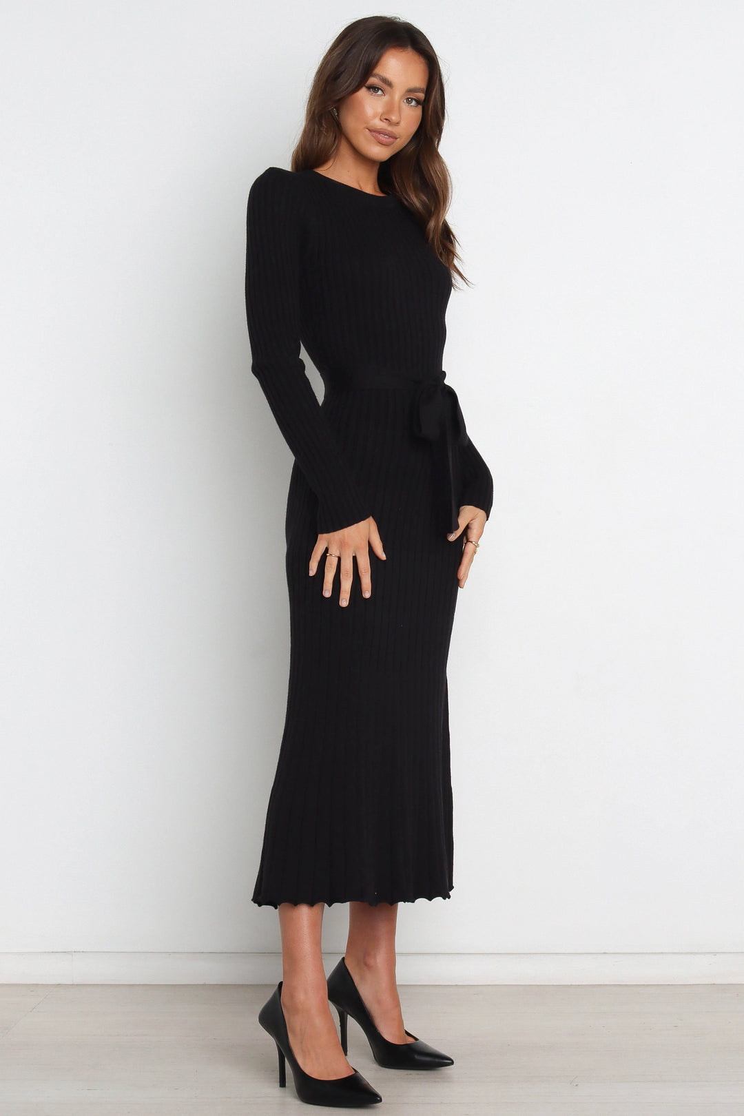 Diana | Women's Black Tie Belt Flared Ribbed Knit Midi Dress