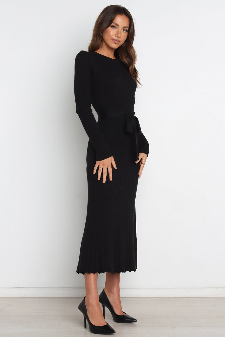 Diana | Women's Black Tie Belt Flared Ribbed Knit Midi Dress