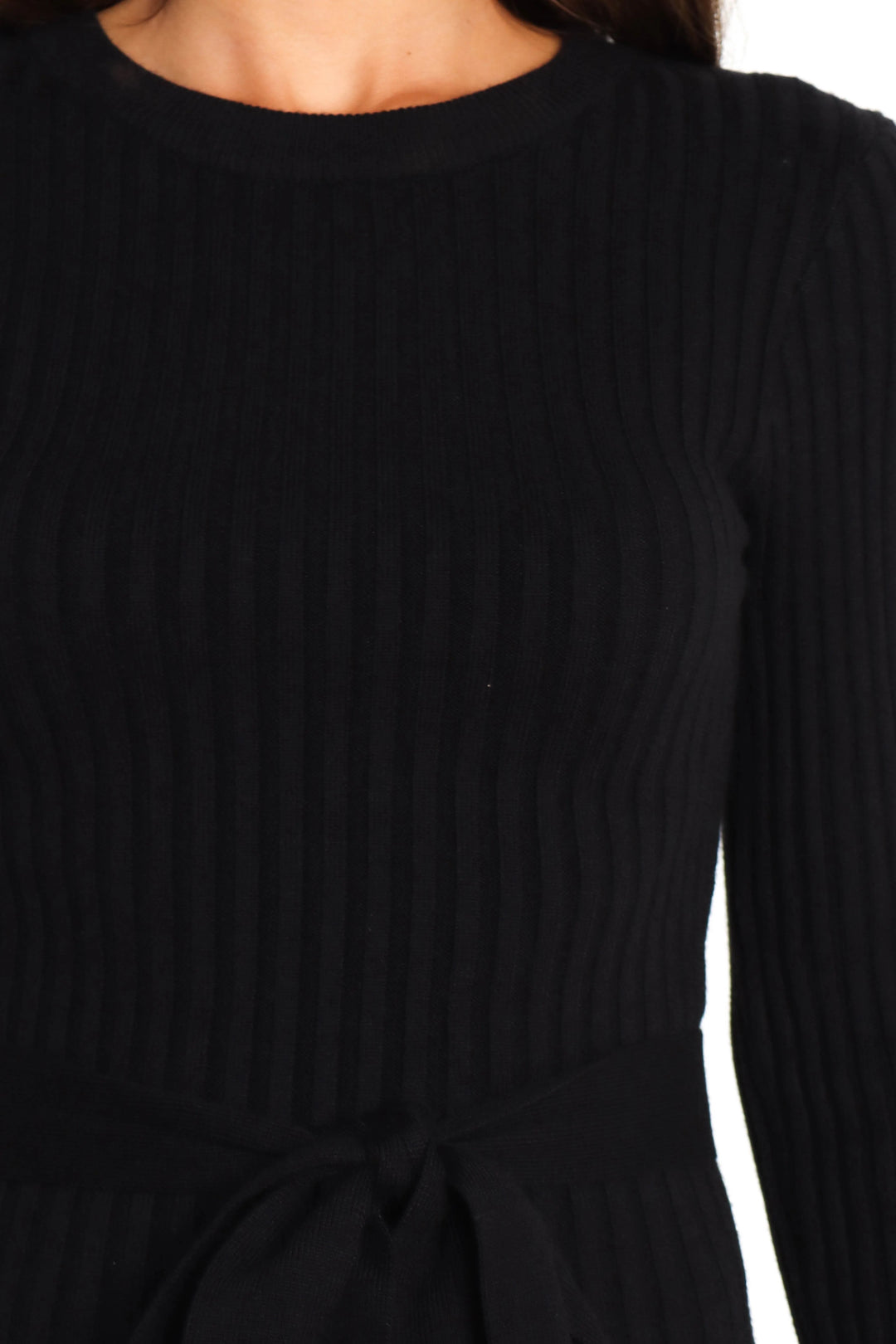 Diana | Women's Black Tie Belt Flared Ribbed Knit Midi Dress