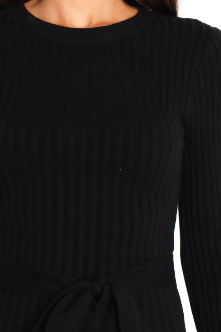 Diana | Women's Black Tie Belt Flared Ribbed Knit Midi Dress