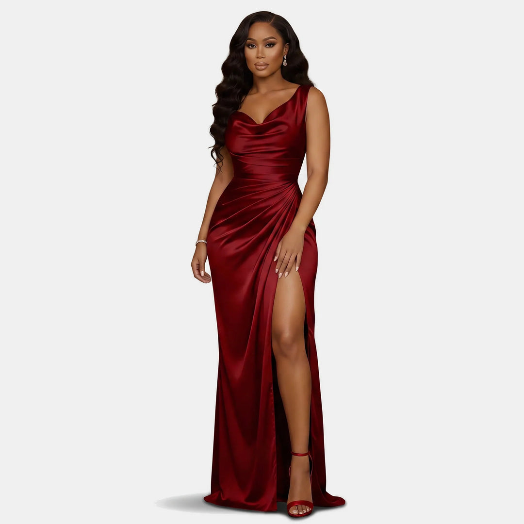 Edwina | Women's Satin Cowl Neck High Slit Mermaid Dress
