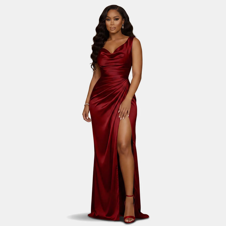 Edwina | Women's Satin Cowl Neck High Slit Mermaid Dress