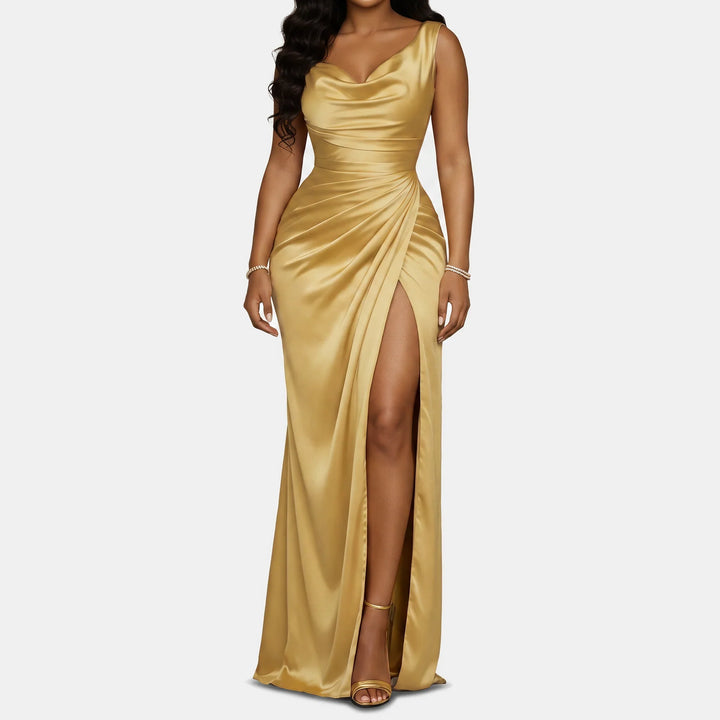 Edwina | Women's Satin Cowl Neck High Slit Mermaid Dress