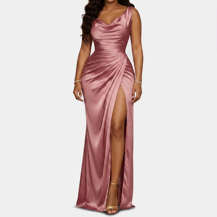 Edwina | Women's Satin Cowl Neck High Slit Mermaid Dress