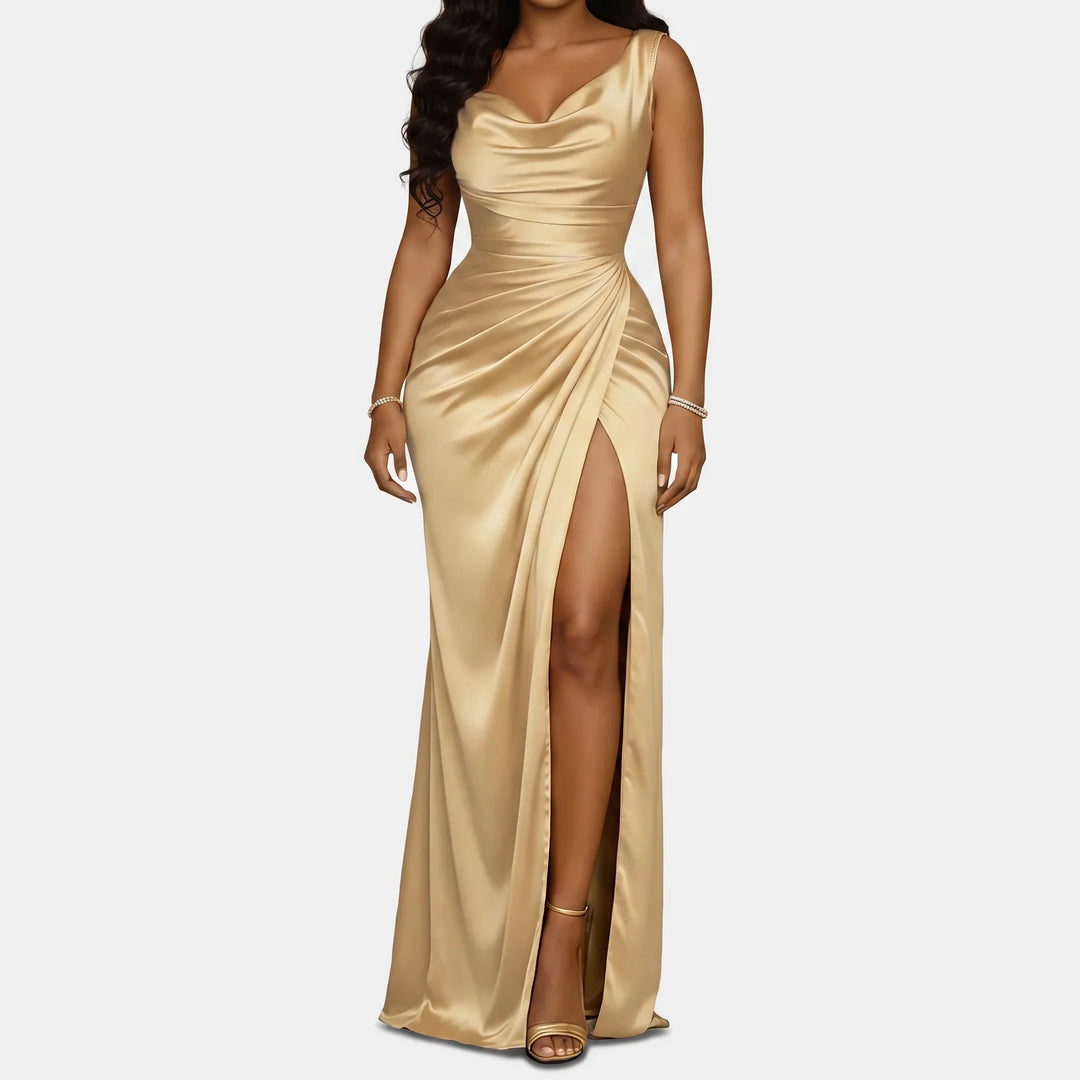 Edwina | Women's Satin Cowl Neck High Slit Mermaid Dress