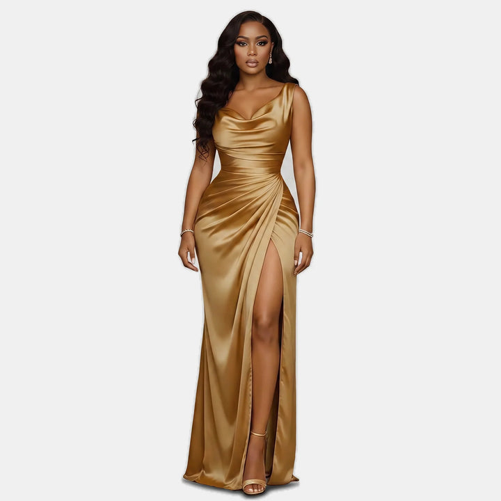 Edwina | Women's Satin Cowl Neck High Slit Mermaid Dress