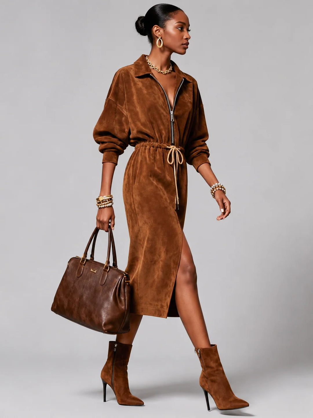 Elaine | Women's Zip-Up Midi Shirt Dress