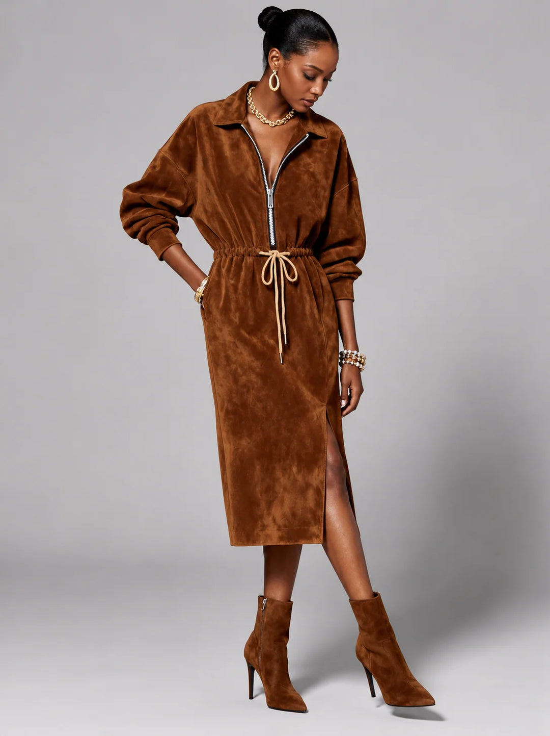 Elaine | Women's Zip-Up Midi Shirt Dress