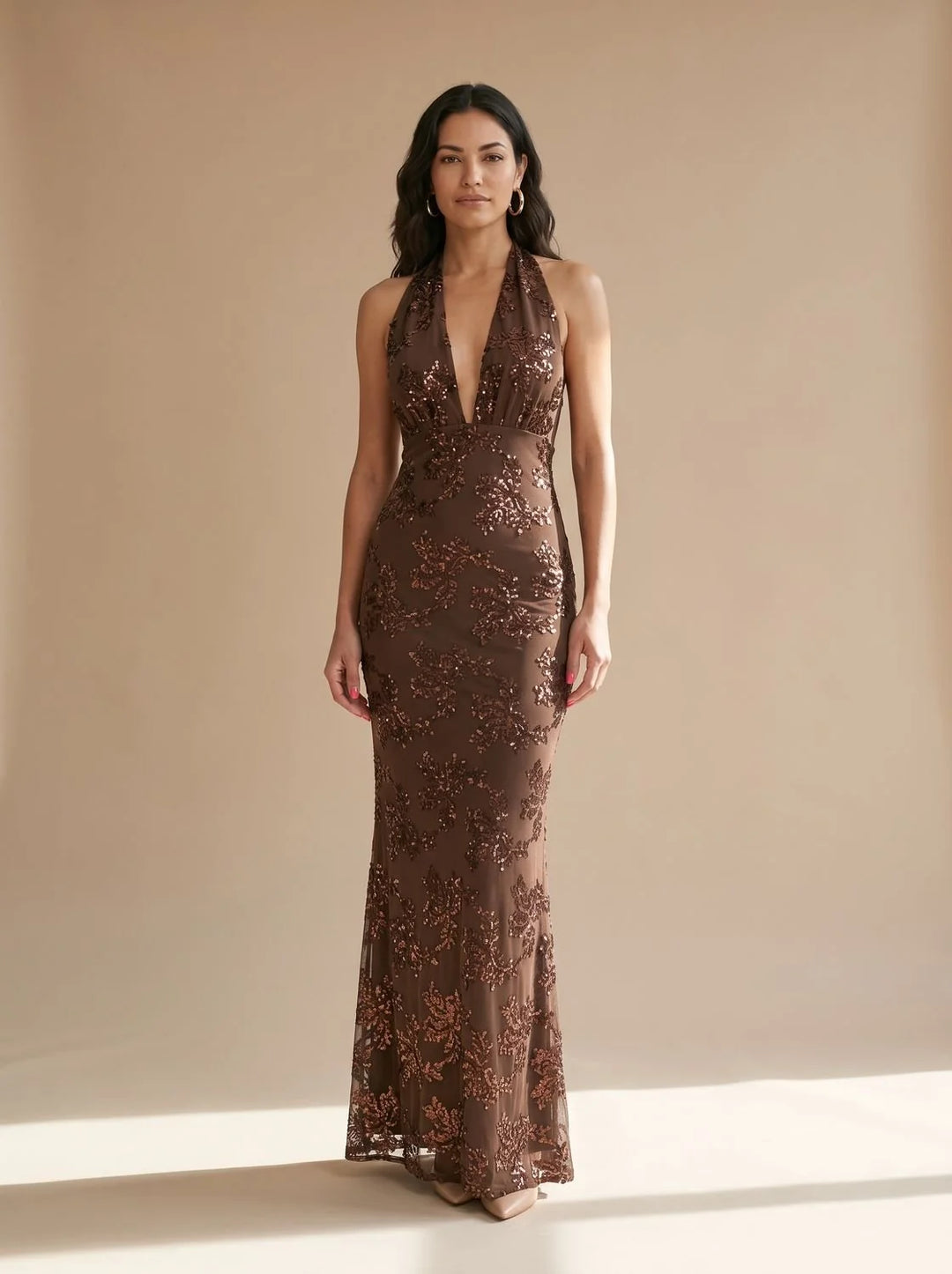Emma | Women's Plunge Halter Neck Floral Maxi Sequin Dress