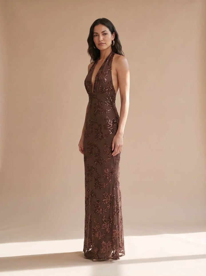 Emma | Women's Plunge Halter Neck Floral Maxi Sequin Dress
