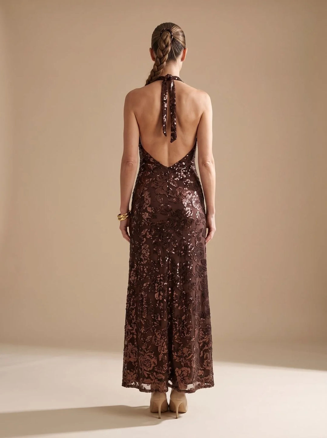 Emma | Women's Plunge Halter Neck Floral Maxi Sequin Dress
