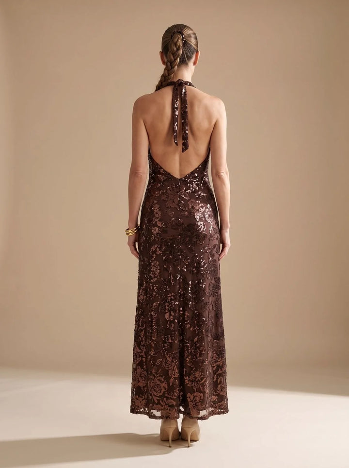 Emma | Women's Plunge Halter Neck Floral Maxi Sequin Dress