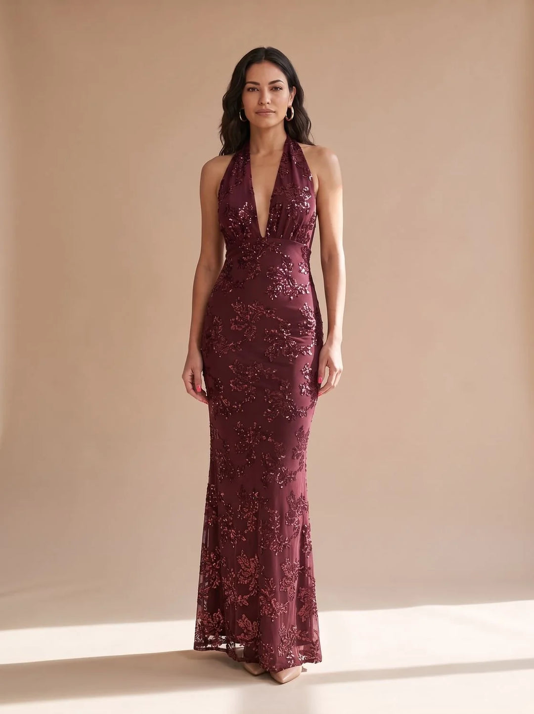 Emma | Women's Plunge Halter Neck Floral Maxi Sequin Dress